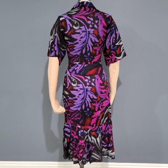 Vintage 80s PEA PATCH NY Purple Pink Sheath Pleated Hem Midi Dress XS/S - Picture 2 of 7